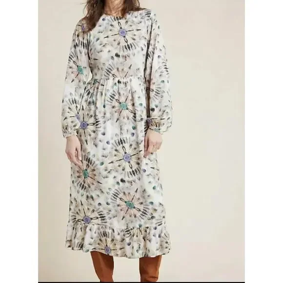 Anthropologie X Kachel Chiara Ruffle Long Sleeve Watercolor Midi Dress 6 (UK 10) - Picture 2 of 16